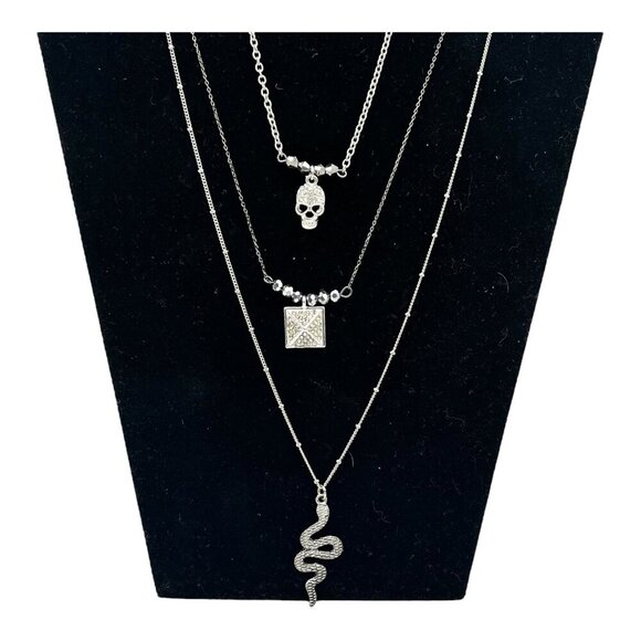Target 3pc Layered Necklace Set With Skull Snake & Square Charms Silver Tone - Picture 9 of 15